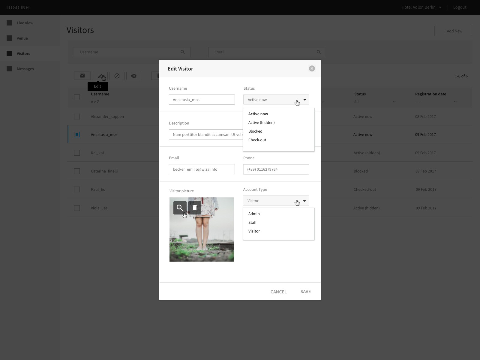 Edit visitor type modal
