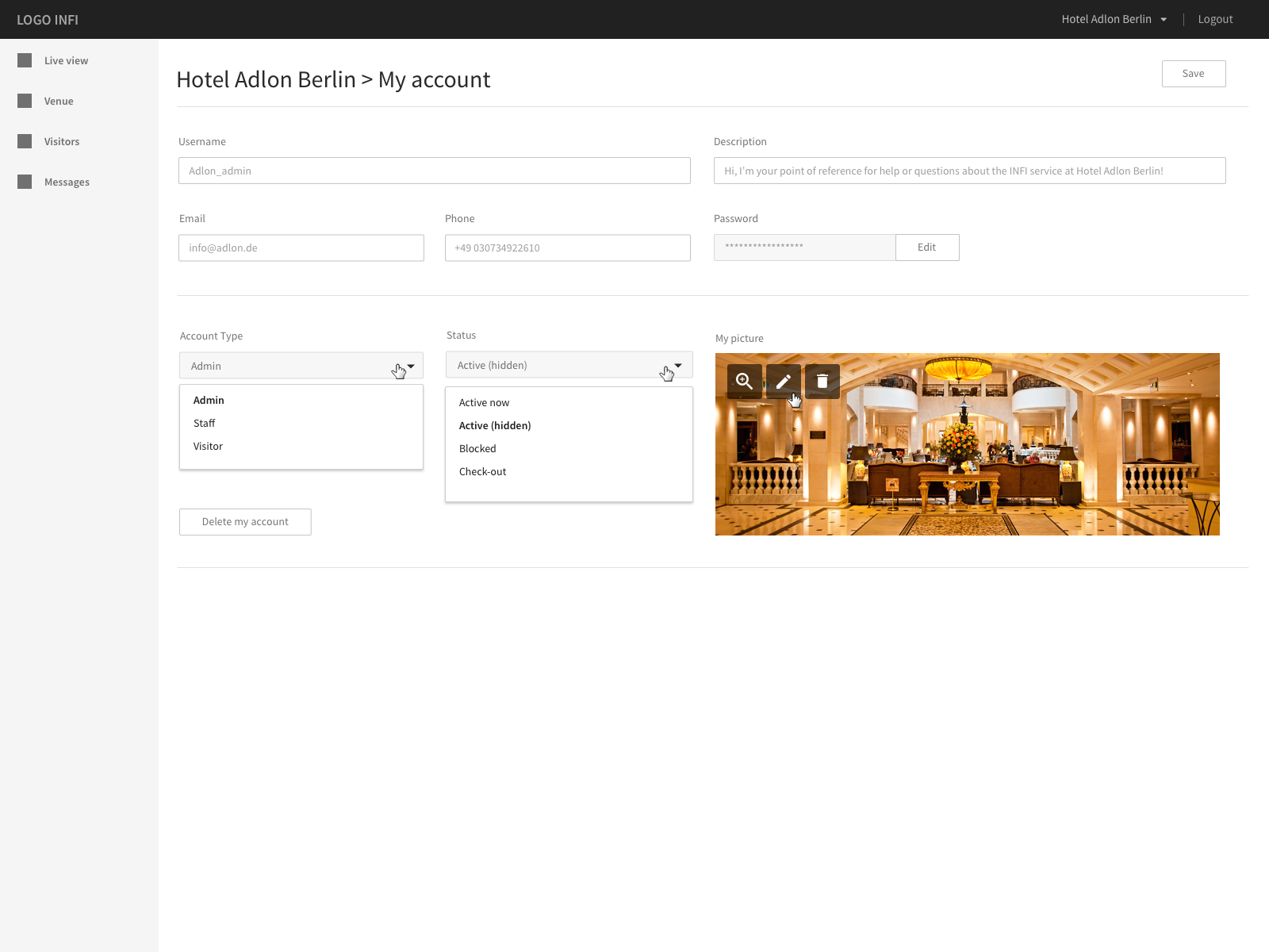 Venue account settings